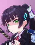  1girl black_hair black_jacket close-up closed_mouth collared_shirt commentary epaulettes frown green_eyes hair_tie hatesarororo heaven_burns_red high_ponytail holding holding_weapon jacket long_sleeves looking_at_viewer military_jacket military_uniform natsume_inori neck_ribbon ponytail red_ribbon ribbon shirt sidelocks single_epaulette solo upper_body weapon 