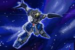  drill gattai gigan_(gigan1024896) glowing glowing_eyes godzilla_(series) godzilla_vs._spacegodzilla gundam gundam_zz highres horns looking_at_viewer mecha mecha_focus mogera_(godzilla_vs._spacegodzilla) no_humans robot scene_reference science_fiction solo space spikes weapon yellow_eyes 