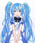  alice_(wonderland) alice_(wonderland)_(cosplay) alice_in_wonderland bibboss39 blue_eyes blue_hair blush bow bowtie bunny_hair_ornament card cosplay cowboy_shot hair_ornament hatsune_miku highres long_hair looking_at_viewer open_mouth playing_card solo twintails very_long_hair vocaloid 