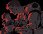  2boys arm_tattoo black_hair chest_tattoo eye_contact facial_tattoo hand_on_another's_neck highres itadori_yuji jujutsu_kaisen jujutsu_tech_uniform large_hands looking_at_another male_focus multicolored_hair multiple_boys pink_hair pinkuyuji ryoumen_sukuna_(jujutsu_kaisen) ryoumen_sukuna_(true_form)_(jujutsu_kaisen) scar scar_on_face scar_on_forehead short_hair size_difference tattoo two-tone_hair undercut 