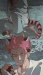  1boy alternate_costume alternate_universe angry animal_ears arm_support barefoot black_hair blood blood_on_clothes clenched_teeth commentary grass highres itadori_yuji japanese_clothes jujutsu_kaisen male_focus multicolored_hair multiple_views on_floor pink_hair pink_tail pinkuyuji scar scar_on_face scar_on_forehead scar_on_mouth sitting sweat tail teeth tiger_boy tiger_ears tiger_tail two-tone_hair undercut yellow_eyes 