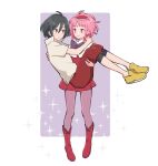  1boy absurdres arms_on_another's_shoulder bellri_zenam bindi black_hair bow commentary_request frown gundam gundam_g_no_reconguista hat highres leggings looking_at_another miniskirt noredo_nug pink_eyes pink_hair reverse_princess_carry sbr_ghn shoes skirt smile sparkle 