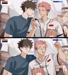  2boys alternate_costume alternate_universe baseball_jersey black_hair blue_shirt blush commentary eating food fushiguro_megumi highres itadori_yuji jersey jujutsu_kaisen looking_at_another male_focus multicolored_hair multiple_boys pink_hair pinkuyuji pointing popcorn scar scar_on_face scar_on_forehead scar_on_mouth shirt sitting stadium two-tone_hair undercut untranslatable_commentary upper_body white_jersey yaoi 