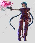  1girl alternate_costume arcane:_league_of_legends arcane_jinx arm_at_side arm_tattoo artist_name belt blood blood_on_arm blue_hair boots chest_belt closed_mouth clothes_writing cloud_tattoo cord_choker ear_piercing earrings embers emwjpg english_commentary eye_trail fashion film_grain fingerless_gloves full_body garter_straps gloves glowing glowing_eye gold_ring graffiti graffiti_print grey_background gun hair_pulled_back hair_rings handgun high-waist_belt highres holding holding_gun holding_weapon jewelry jinx_(league_of_legends) league_of_legends light_trail long_belt long_hair no_pants piercing pink_eyes print_belt print_boots profile purple_boots purple_gloves purple_shirt red_belt shirt short_sleeves sidelighting solo standing streetwear tattoo thigh_boots too_many too_many_belts very_long_hair weapon 