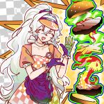  1girl ^_^ absurdres apron badge black_apron black_gloves black_scrunchie blush_stickers bread_bun burger button_badge charlotte_wiltshire checkered_clothes checkered_dress choker closed_eyes dress food french_fries gloves hair_between_eyes hand_up hello_charlotte high_ponytail highres jsjdndhidnshssj lettuce long_hair name_tag orange_dress orange_shirt ponytail scrunchie shirt single_blush_sticker smile solo sparkle sparkling_aura tendril very_long_hair visor_cap waist_apron white_choker white_hair 