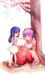  2girls blue_hair breasts cherry_blossoms collarbone detached_sleeves dress eyes_closed furude_rika hanyuu higurashi_no_naku_koro_ni hime_cut japanese_clothes kafi long_hair multiple_girls outdoors purple_eyes purple_hair sandals tree 