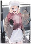  +_+ 1girl :d afterimage black_gloves blonde_hair blue_eyes blush brown_jacket commentary_request day doorway gloves hair_ornament hairclip haru_(rerrere) highres jacket open_clothes open_door open_jacket original plaid_clothes plaid_scarf pointing pov_doorway rerrere scarf smile snow solo_focus sweater translation_request white_sweater 