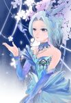  1girl bare_shoulders bead_necklace beads blue_choker blue_dress blue_eyes blue_gem blue_sleeves branch catching cherry_blossoms chest_jewel chinese_commentary choker colored_tips commentary_request cowboy_shot detached_sleeves dress eyelashes falling_petals flower frilled_sleeves frills gem gown happy highres infinity_nikki jewelry karry298 lace lace_choker lipstick long_hair long_sleeves looking_at_flowers makeup multicolored_hair necklace night nikki_(series) outdoors parted_lips petals pink_lips ponytail ribbon smile solo standing strapless strapless_dress stylist_(nikki) white_eyeshadow white_flower white_hair 