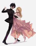  1boy 1girl absurdres ahoge akamatsu_kaede black_hair blonde_hair blood colored_blood commentary dancing danganronpa_(series) danganronpa_v3:_killing_harmony dress dress_shirt dress_shoes frilled_straps full_body hair_between_eyes hair_ornament hairclip highres jacket korean_commentary layered_dress llie_137 long_hair looking_at_another oxfords parallel_hairclips pink_blood pink_dress purple_eyes saihara_shuichi shirt shoes short_hair sleeveless sleeveless_dress strappy_heels suit_jacket suit_pants tuxedo waltz_(dance) white_background yellow_eyes 