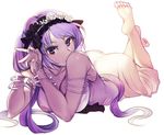  absurdres armlet ass barefoot bonnet bracelet breasts cleavage dress euryale eyelashes fate/grand_order fate_(series) feet frilled_hairband frills full_body hairband hatahata_p_(taritari1648) highres jewelry large_breasts legs_up long_hair looking_at_viewer lying on_stomach purple_eyes purple_hair ring simple_background sleeveless sleeveless_dress soles solo the_pose toes white_background white_dress 