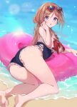  1girl absurdres ass barefoot beach black_one-piece_swimsuit blue_eyes blush breasts brown_hair casual_one-piece_swimsuit chobi_(penguin_paradise) commentary eyewear_on_head frilled_one-piece_swimsuit frills from_behind gakuen_idolmaster hair_bun heart heart-shaped_eyewear highres himesaki_rinami idolmaster large_breasts legs long_hair looking_at_viewer looking_back on_innertube one-piece_swimsuit open_mouth outdoors red-framed_eyewear single_hair_bun solo swimsuit thighs toes water wet 