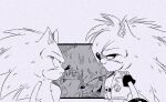  3boys anger_vein animal_ears animal_nose ashofourtime belt black_sleeves brothers closed_mouth collared_jacket commentary dragon_ball dragon_ball_z earrings english_commentary furry furry_male glaring gloves greyscale highres jacket jewelry knuckles_the_echidna male_focus manic_the_hedgehog monochrome motion_lines multiple_boys open_mouth parody siblings smile sonic_(series) sonic_the_hedgehog sonic_underground style_parody sweat sweatdrop teeth toriyama_akira_(style) veins vest 