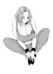  1girl artist_logo bare_arms bare_shoulders breasts cleavage closed_mouth commentary_request goshiki_suzu greyscale hands_on_own_feet hot knees_apart_feet_together knees_up large_breasts logo looking_at_viewer medium_hair monochrome navel ootori_aoi_(goshiki_suzu) original pants parted_hair signature sitting socks solo sports_bra sportswear steaming_body sweat sweatband wristband yoga_pants 