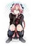  astolfo_(fate) black_panties bow braid bulge chain-link_fence commentary_request elbows_on_knees fate/apocrypha fate_(series) fence hair_between_eyes hair_bow hand_on_own_cheek highres long_hair long_sleeves looking_at_viewer male_focus neckerchief ohara_hiroki otoko_no_ko panties pantyshot pink_hair pleated_skirt purple_eyes school_uniform serafuku shoes single_braid skirt sleeves_past_wrists smile solo squatting testicles twitter_username underwear upskirt white_background 