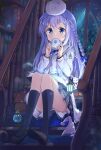  1girl absurdres angora_rabbit animal animal_on_head black_shoes black_skirt black_socks blue_eyes blue_hair blush book bookshelf braid commentary_request convenient_leg cup gochuumon_wa_usagi_desu_ka? hair_between_eyes hair_ornament hands_up highres holding holding_cup indoors jacket kafuu_chino lantern loafers long_hair long_sleeves magic mug night on_head open_book open_clothes open_jacket parted_lips pleated_skirt puffy_long_sleeves puffy_sleeves quill rabbit shirt shoe_soles shoes sitting sitting_on_stairs skirt socks stairs stick_jitb telescope tippy_(gochiusa) very_long_hair white_jacket white_shirt window x_hair_ornament 