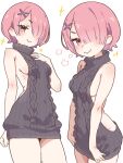 1girl bad_anatomy bad_hands bare_shoulders blush breasts commentary cowboy_shot grey_sweater hair_ornament hair_over_one_eye highres looking_at_viewer medium_breasts multiple_boys pink_eyes pink_hair ram_(re:zero) re:zero_kara_hajimeru_isekai_seikatsu revealing_clothes short_hair sideboob simple_background smile solo sparkle sweater thighs turtleneck turtleneck_sweater virgin_killer_sweater white_background x_hair_ornament xxskreamlo87809 