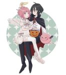  1boy angel angel_wings ascot bellri_zenam bindi black_hair bow cape commentary_request dress gundam gundam_g_no_reconguista halo highres nobell non-humanoid_robot noredo_nug pet pink_eyes pink_hair robot sbr_ghn science_fiction sitting sitting_on_lap sitting_on_person thighhighs vampire_costume white_dress wings 