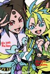  2boys absurdres blonde_hair blue_eyes blue_hair brown_hair commentary_request cowboy_shot facial_mark fingernails harurie highres humanization jacket long_fingernails messy_hair middle_part multicolored_hair multiple_boys pixel_art pokemon raikou red_eyes short_hair two-tone_hair v yellow_jacket zeraora 