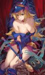  1girl absurdres bare_shoulders blonde_hair blue_dress blue_hat blush breasts cleavage collarbone commentary_request dark_magician_girl detached_sleeves dress duel_monster green_eyes hair_between_eyes hat highres jewelry kuriboh large_breasts long_hair looking_at_viewer nakagawa_kanon_(pixiv32798535) neck_ring off-shoulder_dress off_shoulder pink_skirt pink_trim showgirl_skirt skirt sleeveless sleeveless_dress wand wizard_hat yu-gi-oh! yu-gi-oh!_duel_monsters 