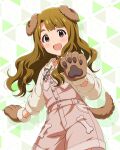  1girl :d animal_collar animal_ears animal_hands brown_eyes brown_hair card_commentary collar commentary_request cowboy_shot dog_ears dog_paws dog_tail drawstring fake_animal_ears fake_tail game_asset gloves hand_up hood hood_down hoodie idolmaster idolmaster_million_live! idolmaster_million_live!_theater_days long_hair looking_at_viewer miyao_miya official_alternate_costume official_art open_mouth overalls paw_gloves pink_overalls red_collar smile solo standing tail thick_eyebrows third-party_source wanwan_wonderful_(idolmaster) white_hoodie 