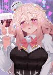  alcohol bow bowtie bustier collared_shirt cup dress_shirt drinking_glass grey_hair hair_between_eyes hat heart heart-shaped_pupils highres igarashi_mangou kantai_collection mini_hat pola_(kancolle) red_bow red_bowtie red_eyes shirt sparkling_hair symbol-shaped_pupils upper_body white_shirt wine wine_glass 