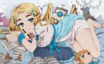  1girl among_us blonde_hair blue_tunic blush bokoblin book champion's_tunic_(zelda) commentary dress earrings english_commentary green_eyes guardian_(zelda) hanaberin highres hylian_(a_link_between_worlds) hylian_(language) hyrule_warriors:_age_of_calamity jewelry light_smile link long_hair on_bed open_book pencil pillow pointy_ears princess_zelda robot solo terrako the_legend_of_zelda the_legend_of_zelda:_breath_of_the_wild tunic 