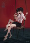  artist_name bakgae black_eyes black_hair black_ribbon black_shorts blood bloody_clothes bloody_hands bloody_knife collared_shirt commentary_request dated eye_contact highres holding_rope knife knife_to_throat looking_at_another neck_ribbon ocean profile red_sky ribbon shirt short_hair shorts sitting sitting_on_lap sitting_on_person sky swing translation_request water white_shirt wing_collar 