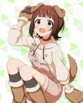 1girl :d amami_haruka animal_collar animal_ears animal_hands arm_up boots brown_boots card_commentary collar commentary_request dog_ears dog_paws dog_tail drawstring fake_animal_ears fake_tail game_asset gloves green_eyes hood hood_down hoodie idolmaster idolmaster_(classic) idolmaster_million_live! idolmaster_million_live!_theater_days looking_at_viewer no_hair_bow official_alternate_costume official_art open_mouth overalls paw_gloves pink_overalls red_collar sitting smile solo tail third-party_source wanwan_wonderful_(idolmaster) white_hoodie 