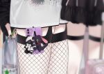  2girls black_nails blurry bottle cellphone cellphone_charm charm_(object) close-up commentary_request depth_of_field fishnet_thighhighs fishnets highres holding holding_bottle lower_body multiple_girls original phone rerrere sleeves_past_wrists smartphone thigh_focus thighhighs 