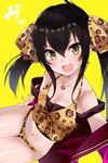  :d animal_print bangs black_hair blush breasts cleavage collarbone commentary eyebrows_visible_through_hair gomashi_(goma) hair_between_eyes heart heart_necklace highres idolmaster idolmaster_cinderella_girls legs_together leopard_print long_hair looking_at_viewer matoba_risa midriff navel open_mouth panties self_shot sidelocks simple_background sitting small_breasts smile solo sweatdrop thighs twintails underwear v-shaped_eyebrows yellow_background yellow_eyes 