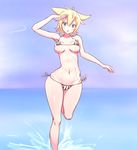  89_(hakkyuu) ahoge areola_slip areolae bikini blonde_hair blue_eyes blush breasts eyebrows eyebrows_visible_through_hair gj-bu highres kirara_bernstein large_breasts looking_at_viewer micro_bikini ocean open_mouth short_hair solo standing swimsuit 