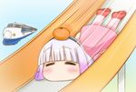  =_= afterimage bangs black_hairband blue_background blunt_bangs blush chibi closed_eyes commentary_request detexted dress eyebrows_visible_through_hair eyelashes facing_viewer food food_on_head fruit fruit_on_head gradient_hair ground_vehicle hairband kanna_kamui kobayashi-san_chi_no_maidragon lavender_hair long_hair lying mandarin_orange multicolored_hair no_mouth object_on_head on_stomach pink_dress raised_eyebrows red_footwear shoes simple_background slide sliding solo speed_lines third-party_edit train two-tone_hair vorpal_piggy 
