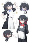  2girls absurdres alternate_costume apron arm_up black_choker black_dress black_hair black_pants black_shoes black_suit black_survival black_vest blue_bow blue_bowtie blue_eyes blue_hair bow bowtie butler chibi choker collared_shirt colored_inner_hair cup debi_(black_survival) dress eternal_return:_black_survival hagoonha highres holding holding_towel maid maid_headdress marlene_(black_survival) multicolored_hair multiple_girls official_alternate_hairstyle one_eye_closed open_mouth pants red_bow red_bowtie red_eyes red_hair shirt shoes short_hair sparkle suit teapot towel tray two-tone_hair vest white_apron white_background white_shirt white_wrist_cuffs wrist_cuffs 