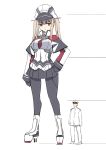  1boy 1girl admiral_(kantai_collection) anchor black_gloves black_hair black_legwear black_skirt blonde_hair boots breasts capelet collared_jacket faceless faceless_male full_body giantess gloves graf_zeppelin_(kantai_collection) hand_on_hip hat highres jacket kantai_collection large_breasts long_sleeves looking_at_another looking_down military military_uniform naval_uniform pants pantyhose peaked_cap pleated_skirt rudder_footwear seo_tatsuya sidelocks simple_background size_difference skirt standing twintails uniform white_background white_hat white_jacket white_pants yellow_eyes 