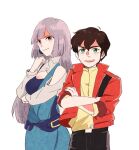  1boy 1girl bare_shoulders belt breasts brown_eyes brown_hair cleavage commentary_request crossed_arms green_eyes gundam gundam_zz jacket judau_ashta long_sleeves looking_at_viewer purple_hair roux_louka sbr_ghn smile taller_female_shorter_male 