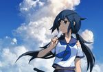  black_hair blue_eyes blue_neckwear blue_sky closed_mouth cloud cloudy_sky day eyepatch food holding holding_food izumi_sai long_hair looking_to_the_side low_twintails neckerchief original outdoors popsicle school_uniform serafuku short_sleeves sky solo twintails upper_body 
