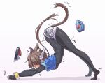  1girl absurdres aile_(mega_man_zx) all_fours animal_ears biometal black_bodysuit blue_jacket bodysuit brown_hair cat_ears cat_stretch cat_tail commentary cropped_jacket full_body gd._fengzi highres jacket kemonomimi_mode long_hair mega_man_(series) mega_man_zx mega_man_zx_advent model_x_(mega_man) model_z_(mega_man) motion_lines no_shoes ponytail robot_ears shorts simple_background solo_focus stretching tail top-down_bottom-up trembling white_background white_shorts 