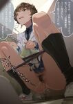  1girl absurdres amatsu_amaguri anus bar_censor black_necktie black_panties black_socks blue_shirt brown_eyes brown_hair censored collared_shirt commentary_request female_pubic_hair from_below highres jacket marnie_(meitantei_marnie) meitantei_marnie necktie open_mouth panties pee peeing pubic_hair pussy shirt shoes socks solo sound_effects speech_bubble squat_toilet squatting teeth thought_bubble toilet_use translation_request underwear white_jacket 