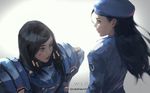  ana_(overwatch) beret black_hair captain_amari copyright_name dark_skin hat logo mother_and_daughter multiple_girls overwatch pharah_(overwatch) power_armor smile time_paradox wlop younger 