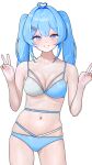  1girl ahoge alt_text arahashi_tabi bikini blue_bikini blue_eyes blue_hair breasts commentary_request cowboy_shot double-parted_bangs double_v fingernails gonggong_ill hair_intakes hair_ornament hairclip hands_up heart heart_ahoge heart_in_eye highres korean_commentary large_breasts long_hair looking_at_viewer multicolored_bikini navel parallel_hairclips simple_background skindentation solo standing stellive stomach straight_hair swimsuit symbol_in_eye twintails two-tone_bikini v virtual_youtuber water_drop wet wet_hair white_background 