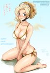  between_legs bikini blonde_hair blue_eyes blush breasts cameltoe character_name copyright_name covered_nipples full_body hair_ornament hand_between_legs highres looking_at_viewer mercy_(overwatch) meteo_snow overwatch pink_lips ponytail side-tie_bikini sitting smile solo swimsuit text_focus white_bikini wings 