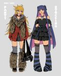  2girls :/ alternate_costume arms_at_sides artist_name bag belt belt_bag black_boots black_bow black_choker black_dress black_gloves black_leg_warmers black_skirt black_thighhighs blonde_hair blue_choker blue_eyes blue_leg_warmers blunt_bangs blunt_ends boots bow bow_choker bracelet brown_bag brown_belt brown_boots brown_leg_warmers brown_scarf character_name choker closed_mouth colored_inner_hair commentary dress ear_piercing earrings elbow_gloves emwjpg english_commentary fashion film_grain fingerless_gloves fingernails fur-trimmed_hood fur_leg_warmers fur_scarf fur_trim gloves grey_background grey_fur grey_socks grin hair_bow handbag heart heart_o-ring heart_print highres holding holding_bag hood hood_down hooded_jacket hoop_earrings jacket jewelry lace-trimmed_dress lace-trimmed_gloves lace-trimmed_thighhighs lace_trim layered_dress leg_warmers long_fingernails long_hair long_sleeves looking_at_viewer multicolored_hair multiple_bracelets multiple_girls o-ring o-ring_thigh_strap off-shoulder_dress off_shoulder over-kneehighs oversized_jacket panty_&amp;_stocking_with_garterbelt panty_(psg) parallel_piercings partially_unzipped piercing pink_hair pink_lips planet_earrings platform_boots print_dress purple_hair red_jacket red_nails scarf see-through_clothes see-through_gloves see-through_thighhighs short_dress short_sleeves simple_background skirt sleeves_past_wrists smile socks spaghetti_strap spiked_bracelet spikes standing stocking_(psg) straight_hair striped_leg_warmers teeth thigh_strap thighhighs two-tone_leg_warmers very_long_hair vivienne_westwood y2k_fashion 