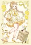  1girl :o ankle_socks apron basket bell_jar blonde_hair border bow bowtie braid cake center_frills chinstrap colored_petticoat commentary_request cup drawer dress elbow_carry envelope finger_to_own_chin flower food food_print frilled_apron frilled_socks frills fruit fruit_print full_body green_bow green_eyes hair_bow hand_up hat hat_flower high_heels highres holding holding_basket honey honeycomb_(object) honeycomb_(pattern) honeypot juliet_sleeves knees_together_feet_apart lemon lemon_cake lemon_print lemon_slice lolita_fashion long_hair long_sleeves looking_to_the_side nail_polish open_mouth original petticoat plate puffy_sleeves quill saucer shoes sleeve_cuffs socks solo standing standing_on_one_leg straw_hat striped_bow tea teacup teapot tententuyu tulip twin_braids vase very_long_hair white_apron white_background white_flower white_socks yellow_border yellow_bow yellow_bowtie yellow_dress yellow_flower yellow_nails yellow_shoes yellow_theme yellow_tulip 
