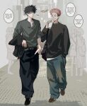  2boys 3girls alternate_costume alternate_universe black_hair black_jacket black_pants black_shirt black_shoes commentary cup denim disposable_cup earrings english_commentary english_text full_body fushiguro_megumi highres implied_yaoi itadori_yuji jacket jeans jewelry jujutsu_kaisen long_sleeves male_focus multiple_boys multiple_girls necklace outdoors pants pink_hair pinkuyuji ring scar scar_on_face scar_on_forehead shirt shoes speech_bubble undercut walking 
