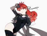  1girl black_jacket black_leotard black_ribbon breasts gloves grey_background hair_ribbon jacket leotard long_hair long_sleeves persona persona_5 persona_5_the_royal ponytail red_eyes red_gloves red_hair ribbon sabasyaruef simple_background solo twitter_username violet_(persona_5) white_background yoshizawa_kasumi 