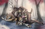  2016 all_fours anal anal_penetration anthro anthro_on_anthro antlers bdsm bondage bound canine cervine clenched_teeth collar cum cum_in_ass cum_inside deer doggystyle domination duo erection forced forest from_behind_position horn interspecies kneeling leash looking_back male male/male male_penetrating mammal on_floor orgasm penetration predator/prey rape sex shackles teeth tree vinaru_(artist) wolf 