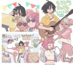  1boy 2girls barefoot bellri_zenam bindi black_hair bow chuchumy closed_eyes commentary_request dancing green_hair guitar gundam gundam_g_no_reconguista gundam_gquuuuuux hair_bow highres instrument jacket maracas midriff multiple_girls nobell noredo_nug open_mouth pants pink_hair raraiya_monday sbr_ghn selfie selfie_stick shorts sunglasses 