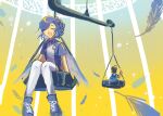  1boy 1girl angel_wings arei_nageishi badge ball birdcage blue_hair blue_shirt bowling_ball braid braided_ponytail button_badge cage closed_eyes collared_shirt commentary danganronpa:_despair_time david_chiem english_commentary falling_feathers feathers foot_dangle fuzziki light_blush paint_splatter polo_shirt shirt shoes short_sleeves side_ponytail sitting sky smile sneakers thighhighs weighing_scale white_feathers white_thighhighs white_wings wings yellow_sky 