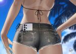  1girl ass ass_focus black_shorts cellphone commentary_request dark-skinned_female dark_skin day from_behind highres micro_shorts one-piece_tan original outdoors phone phone_in_pocket rerrere shorts smartphone solo tan tanlines 