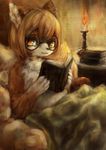  5_fingers :3 bangs bed bedding black_nose blanket blonde_hair book brown_fur candle canine chest_tuft countershade_face countershade_torso countershading digital_media_(artwork) eyewear female fire fox fur glasses gloves_(marking) hair hair_between_eyes holding_book holding_object inside kemono looking_aside looking_away lying mammal markings mouth_closed multicolored_fur nude on_back on_bed pillow shelf short_hair smile solo tamakakego tuft white_belly white_fur yellow_eyes 